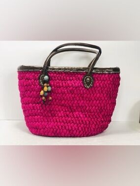 Limited Edition Hot Pink Woven Straw Boho Summer Beach Basket Beaded Charm Tote